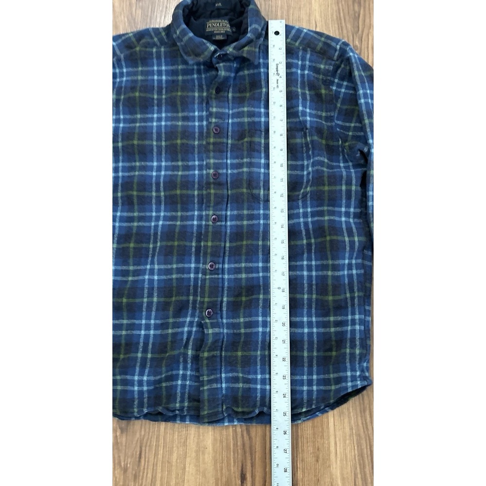 Pendleton Mens size Large Trail Shirt Blue Virgin Wool Button Up Elbow Patch - Picture 8 of 9